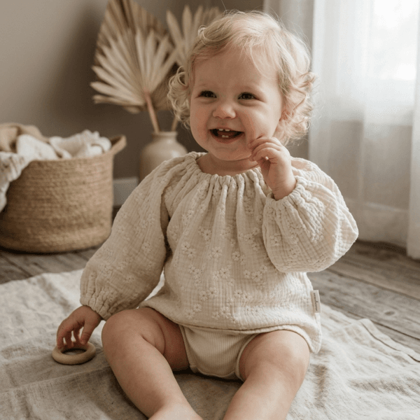 Milou top, top meisje, mousseline stof, beige, groen, bloemetjesmotief, zacht,