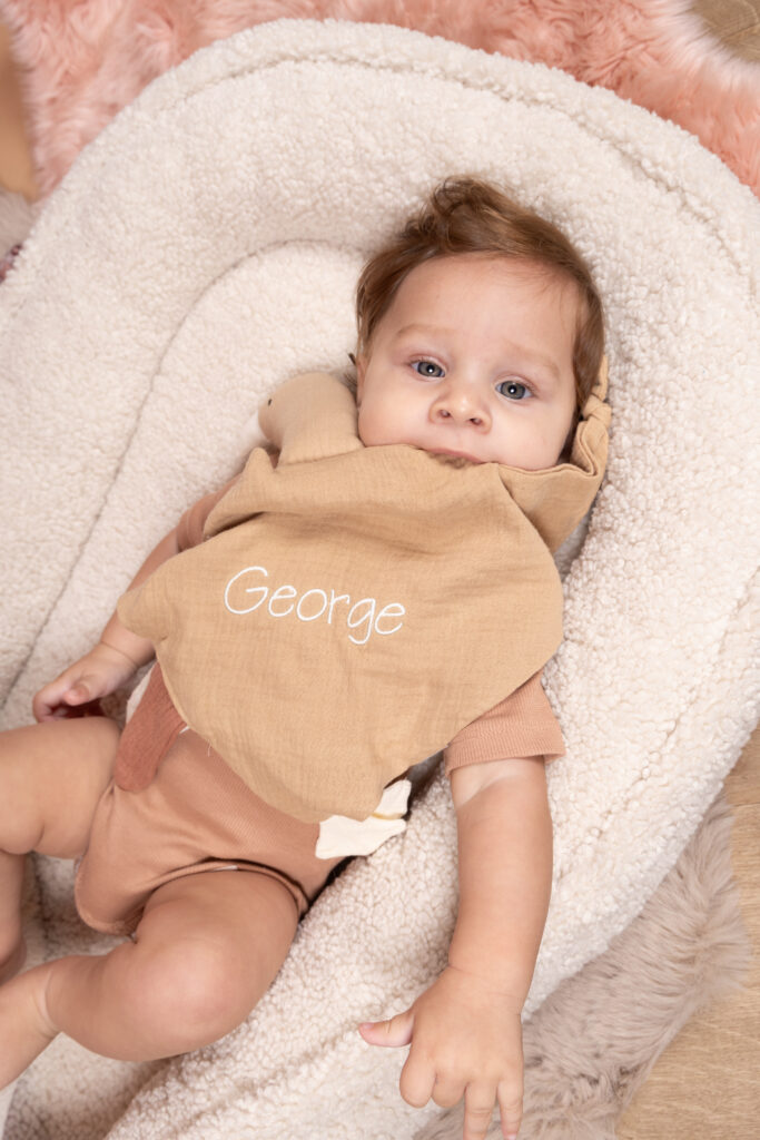 Hydrofiele gans, knuffel gans, bruin, beige, Rammelaartje, personaliseren, naam borduren