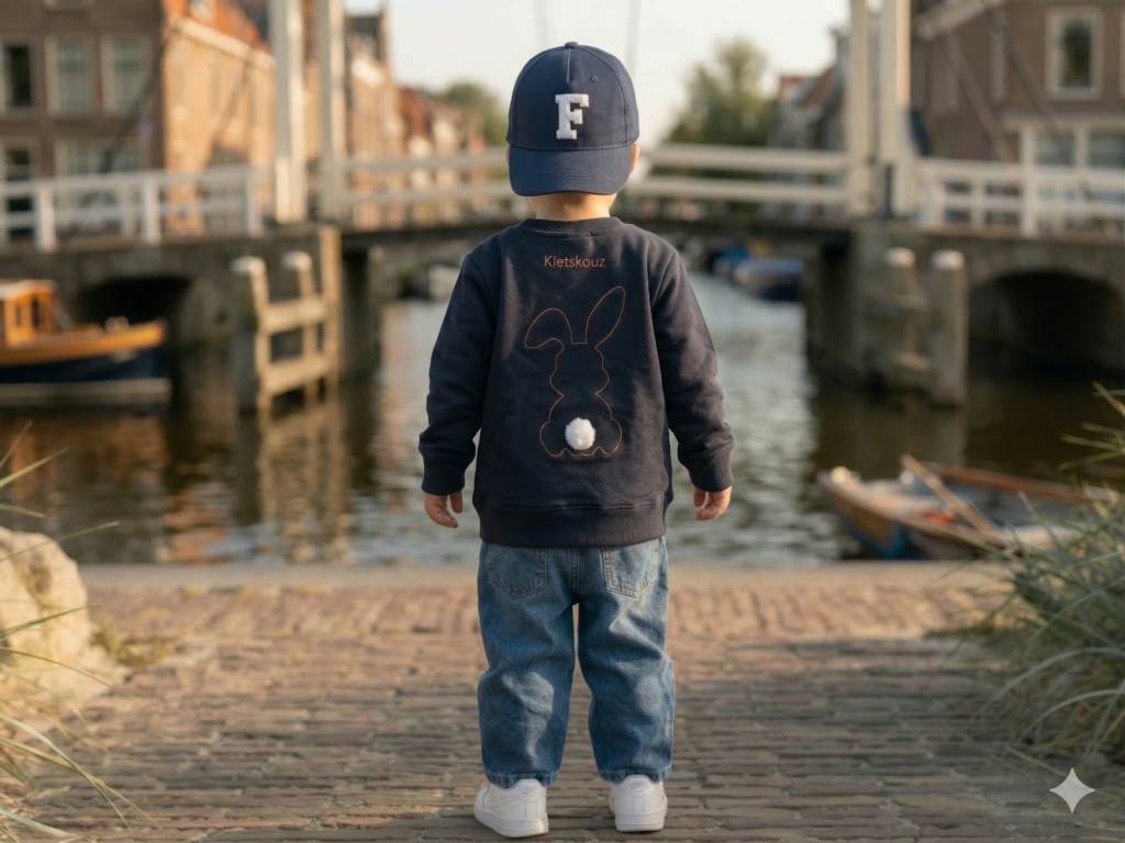 Sweater, navy blue, blauw, Kletskouz, Pasen, konijntje, naam, personaliseren