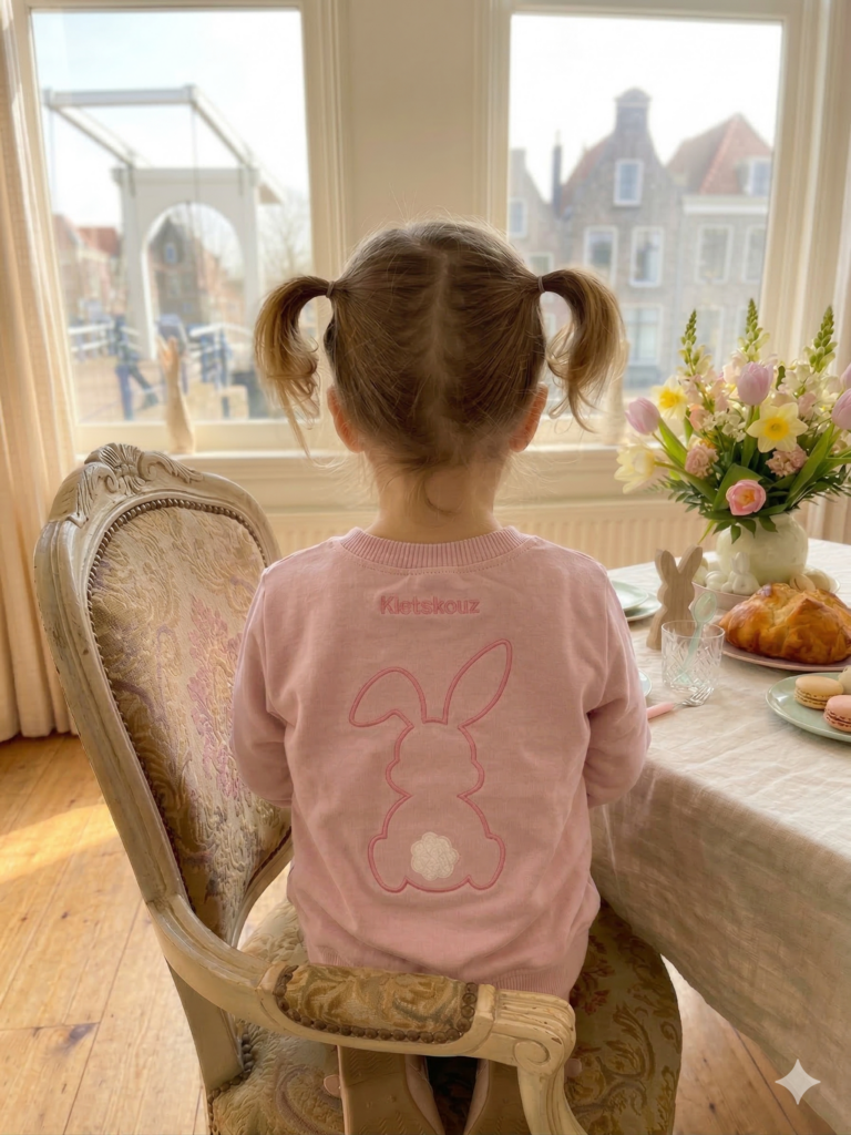 Kletskouz, sweater, roze, konijn, Pasen, gepersonaliseerd, naam